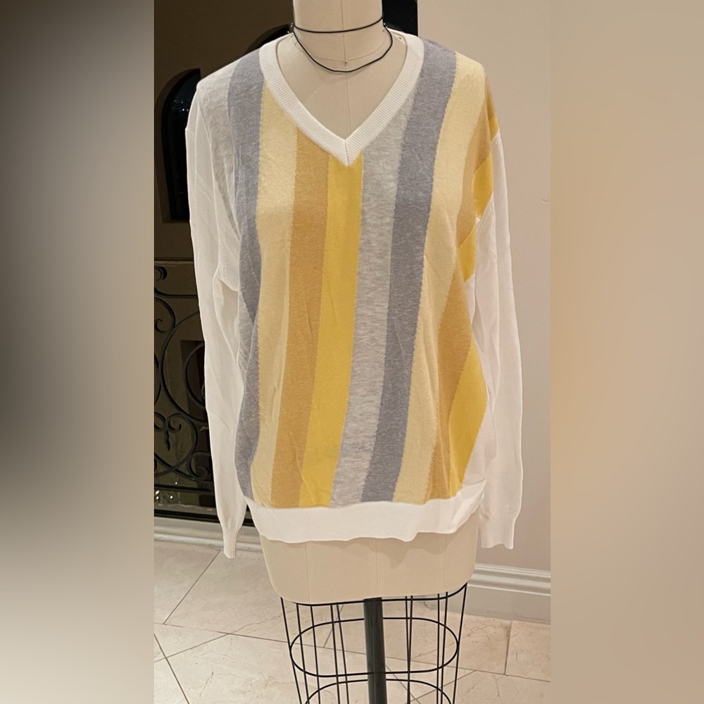 Vintage Pal zileri unisex sweater front stipes, yellow, gray white sz